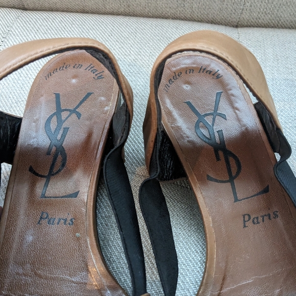 YVES SAINT LAURENT Brown Leather Black Sandals Shoes Slingback Size 8 - Picture 10 of 10
